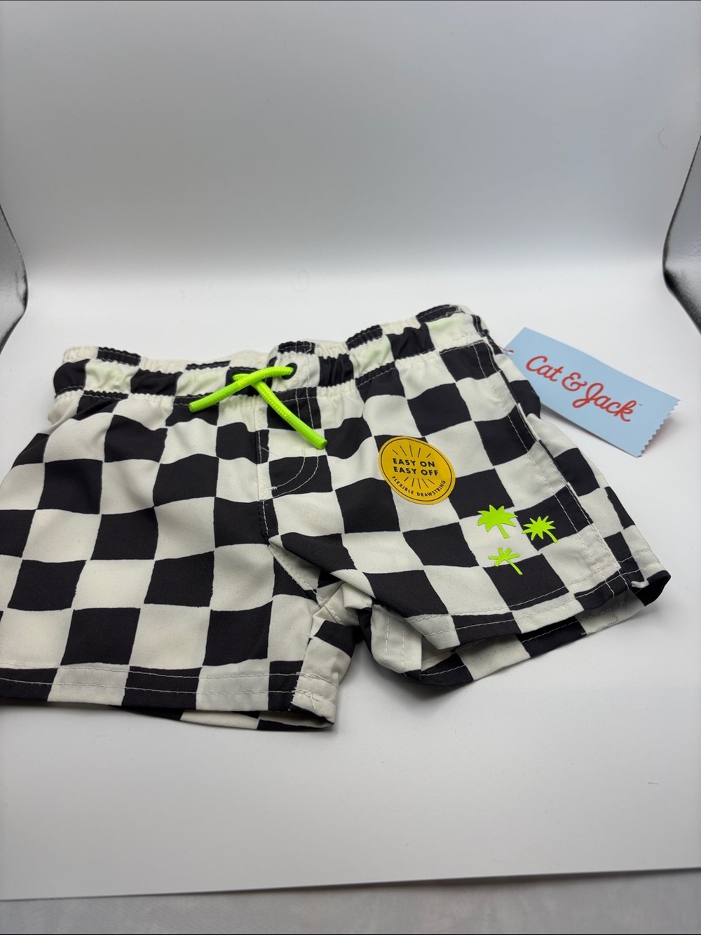 Cat & Jack Black and White Check Shorts with Neon Green Accents